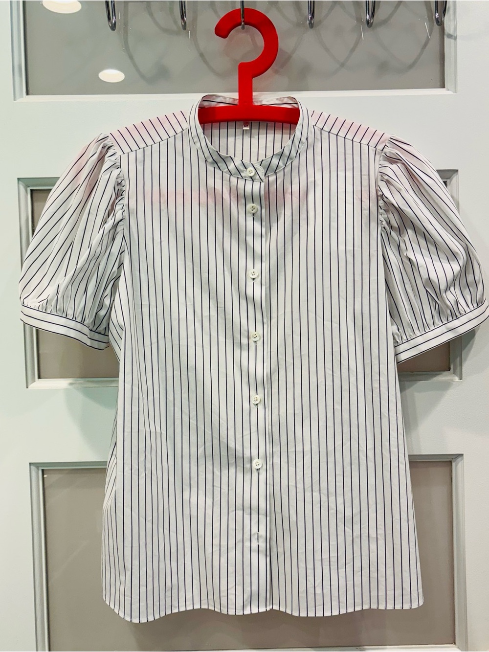 NWT Frame Striped Button-Front Puff Sleeve Blouse White with Navy Stripes cotton - Picture 4 of 16